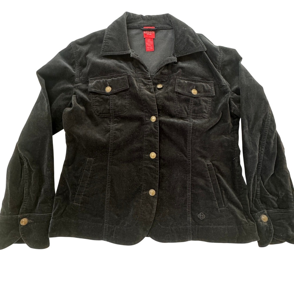 Olsen Europe Corduroy Jacket 12 Black Button Front Crest Gold Detail